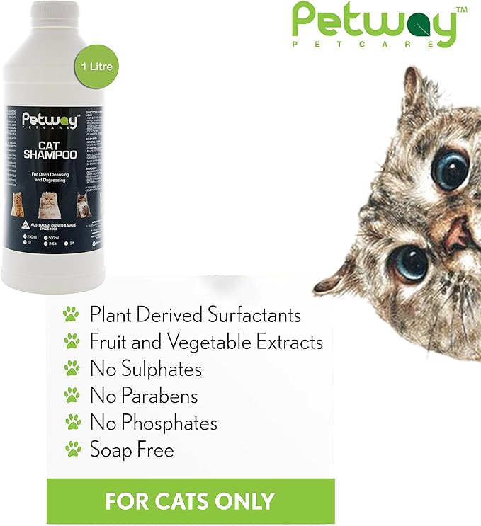 Petway Petcare Cat Shampoo - Natural Pet Dandruff Shampoo, pH Balanced Shampoo with Plant Derived Surfactant, Free of DEA, Phosphates, Parabens & Enzymes, Removes Excess Oil, Dirt and Dandruff - 1 L