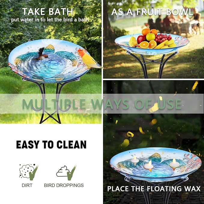 MUMTOP Bird Baths for Outdoors, Sea Turtle Glass Large Bird Bath Bowl with Metal Stand, Bird Feeders for Outside and Garden, Patio,Lawn Decor (Blue)