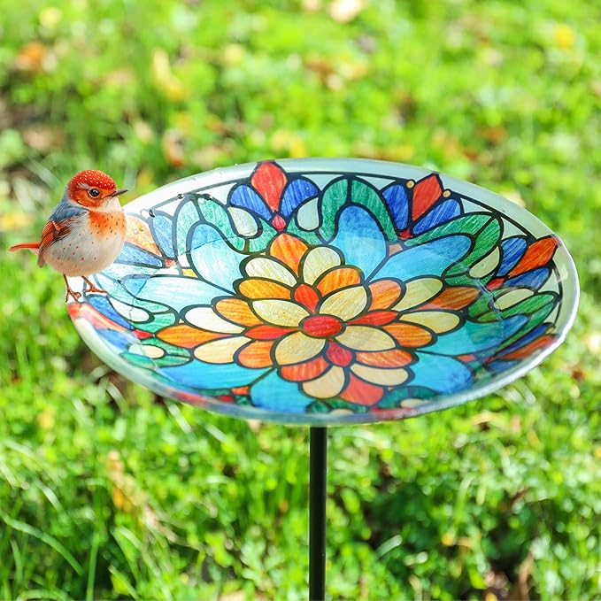 DREAM GARDEN Glass Bird Baths for Outdoors, Garden Birdbaths Birdfeeder 10" Dia Bowl with Metal Stake for Lawn Yard Decor, 24 Inch Height, Flower