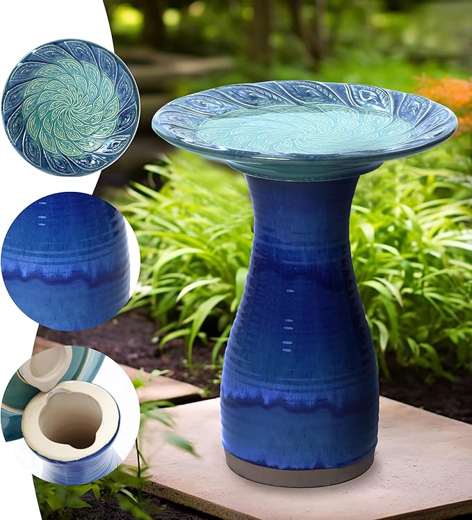 LuxenHome 20 Inch Ceramic Bird Bath for Outside, Elegant Tall Outdoor Bird Bath, Lightweight Pedestal Glazed Birdbaths for Outdoors with Leaf Pattern, Deep Cobalt Blue