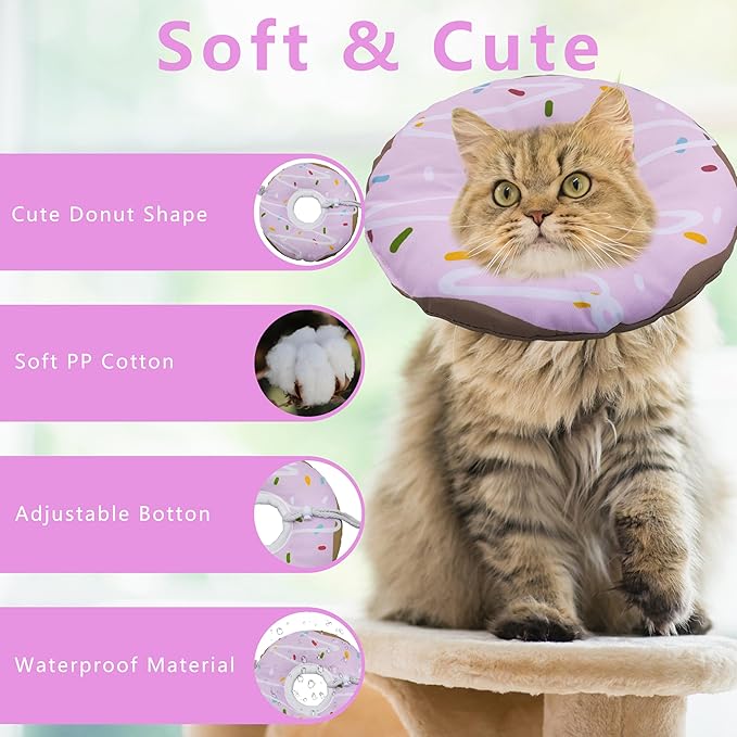 Cat Cone Collar Soft, Adjustable Cat Recovery Collar Kitten Cones to Stop Licking, Cute Donut E Collar After Surgery, Cats Neck Pillow Cone Elizabethan Cones of Shame (Waterproof Purple, Large)