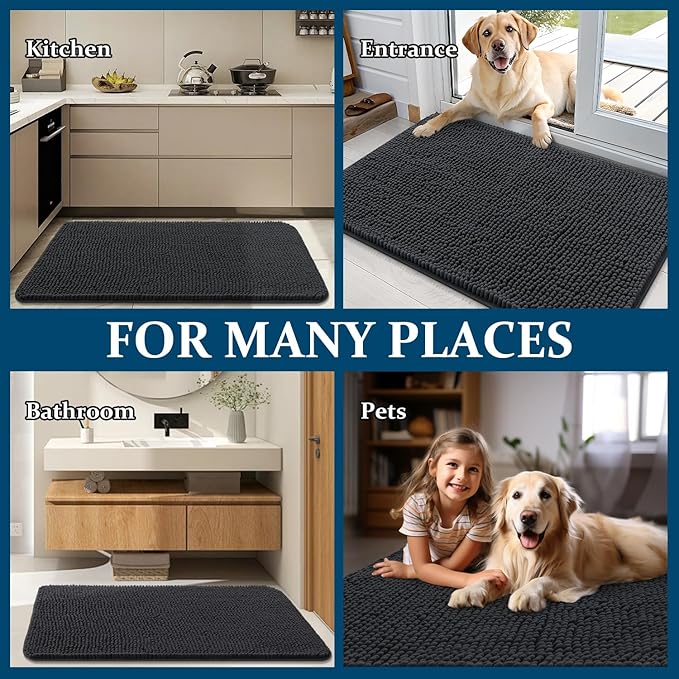 OLANLY Dog Door Mat for Muddy Paws 30x20, Absorbs Moisture and Dirt, Absorbent Non-Slip Washable Doormat, Quick Dry Chenille Mud Mat for Dogs, Entry Indoor Entryway Carpet for Inside Floor, Dark Grey