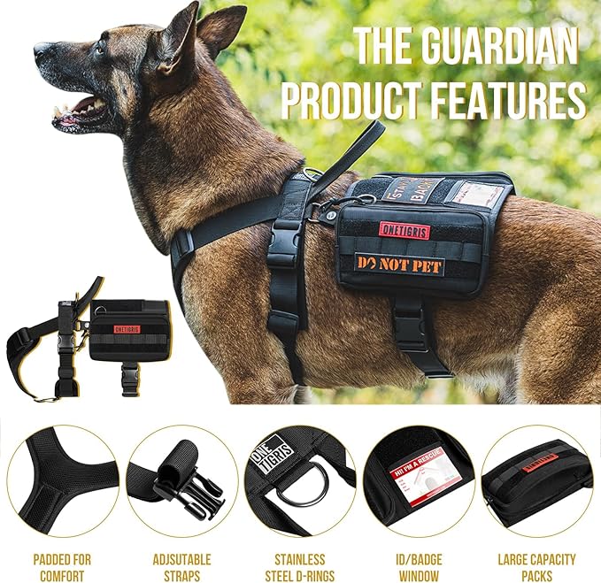 OneTigris Service Dog Vest Harness, Service Dog Cape Guardian Dog Backpack Harness with Pouches Dog Saddle Bag for Small Medium and Large Dogs (Black, Large)