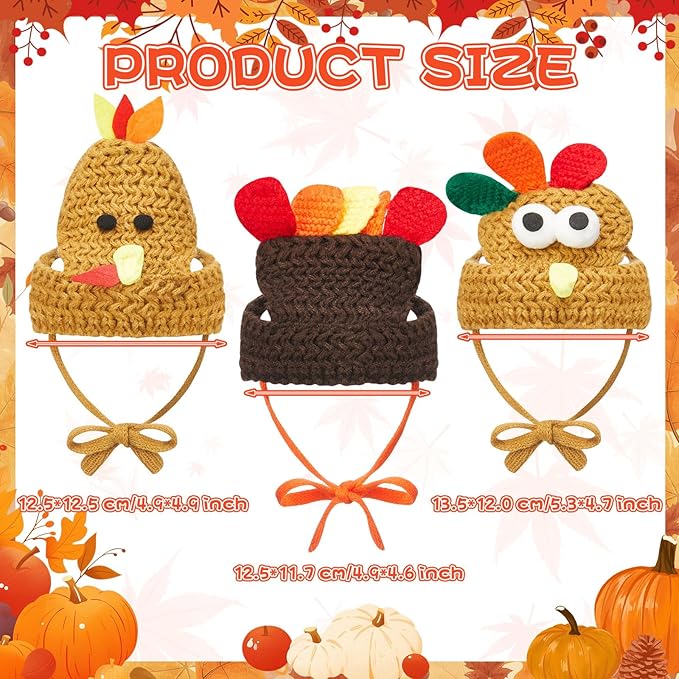 3 Pcs Knitted Turkey Cat Costumes Cat Dog Thanksgiving Turkey Hat Small Kitten Dog Pet Costumes Knitted Cap Thanksgiving Apparel Cosplay Accessory Headwear (Adorable)