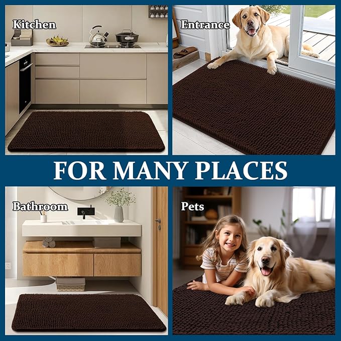 OLANLY Dog Door Mat for Muddy Paws 59x20, Absorbs Moisture and Dirt, Absorbent Non-Slip Washable Doormat, Quick Dry Chenille Mud Mat for Dogs, Entry Indoor Entryway Carpet for Inside Floor, Brown