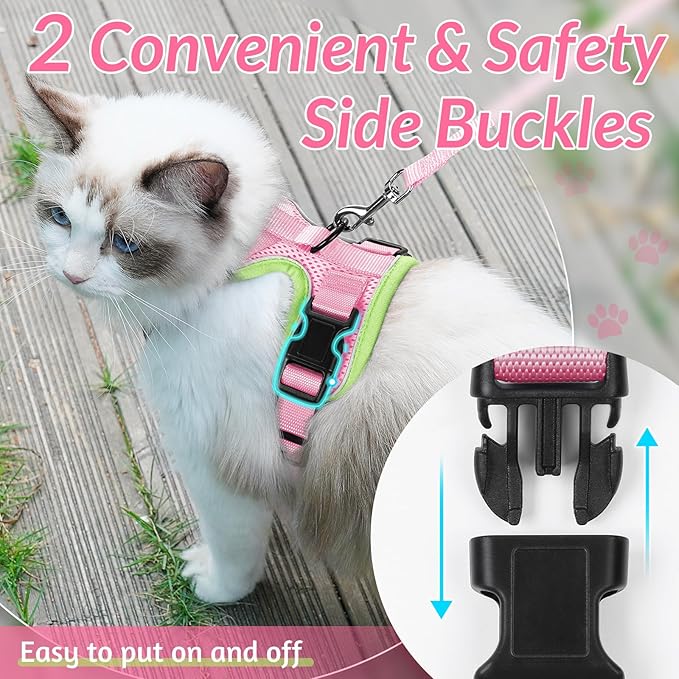 rabbitgoo Cat Harness and Leash for Walking, Escape Proof Soft Adjustable Vest Harnesses for Cats, Easy Control Breathable Reflective Strips Jacket, Green&Pink, S