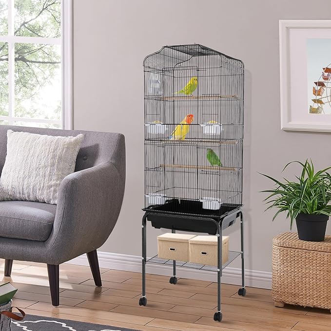 Extra Large Bird Cage, 54" Rolling Breeding Flight Bird Cages w/ 360° Wheels, Open Play Top Bird Cage with Detechable Stand for Parrots, Caiques, Macaw (Black)