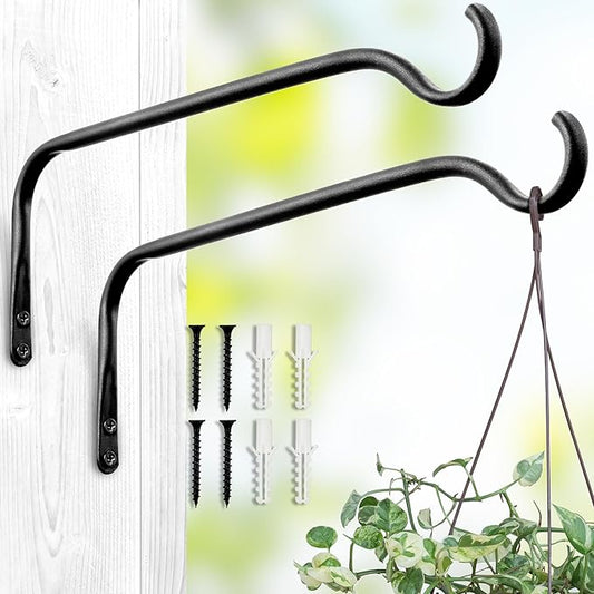 Durable Plant Hangers Brackets: 2 Pack 12 Inch Outdoor Metal Hanging Plant Brackets - Rustproof Wall Hooks for Hanging Flower Basket Bird Feeders Wind Chimes and Lanterns