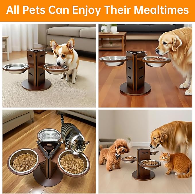 Adjustable 3-in-1 Elevated Dog Bowls, Bamboo Dog Bowl Stand (3.6"/6.3"/9.2") with 3 Stainless Steel Bowls, 3 Heights Adjustable Pet Feeding Station for Cats/Small/Medium/Large Dogs
