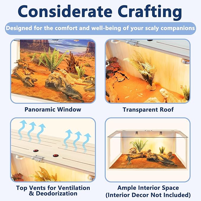 PROLEE Bearded Dragon Tank,Lizard Tank with Clear Tempered Glass Roof,Anti-Scratch Reptile Enclosure, Snake Tank and Reptile Tank,Built-in Light Fixtures with Switch (34 Gallon)