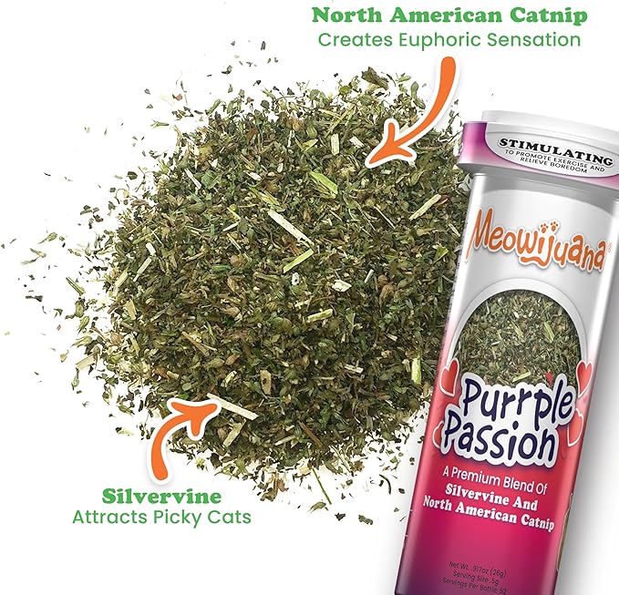 Meowijuana Purrple Passion Cat Nip - Premium Organic Blend of Catnip for Cats & Silvervine, Stimulates Playful Behavior, 26g, Natural Wellness Gift for Cat Lovers