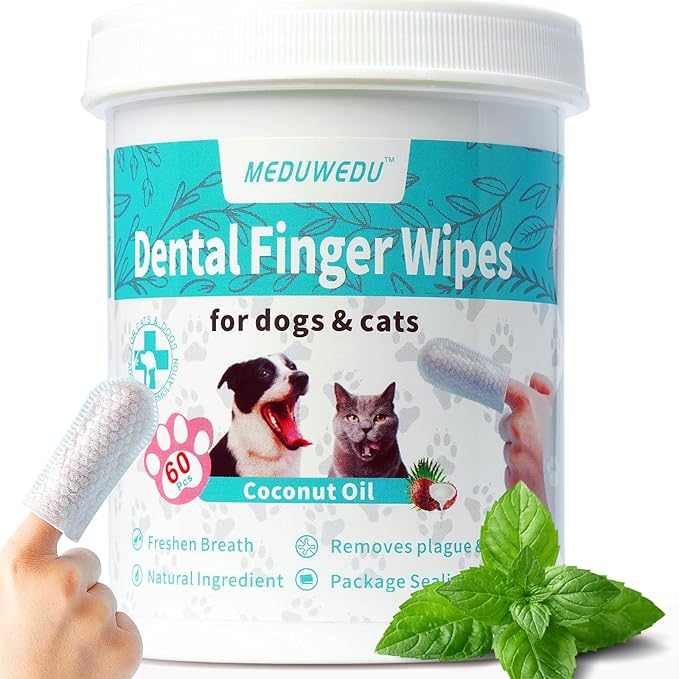 Dental Care Finger Wipes 60 Counts,Teeth Cleaning Finger Wipes for Dogs & Cats,Reduces Plaque & Freshens Breath, Small Animal Stain Removers, Mint Scent