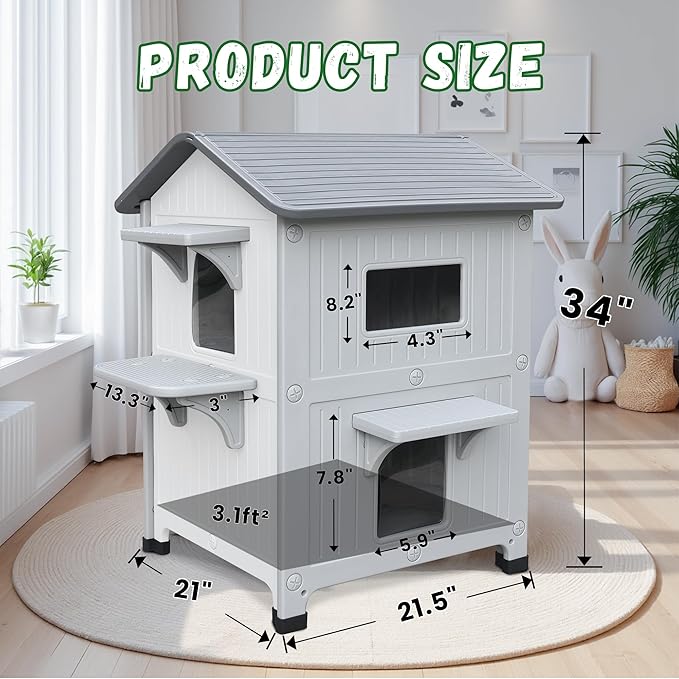 Insulated Outdoor Cat Houses - Waterproof 2 Story Cat House for Outside with Escape Door for Winter，Elevated Outdoor Cat House for Feral Stray Barn Cat Kitty