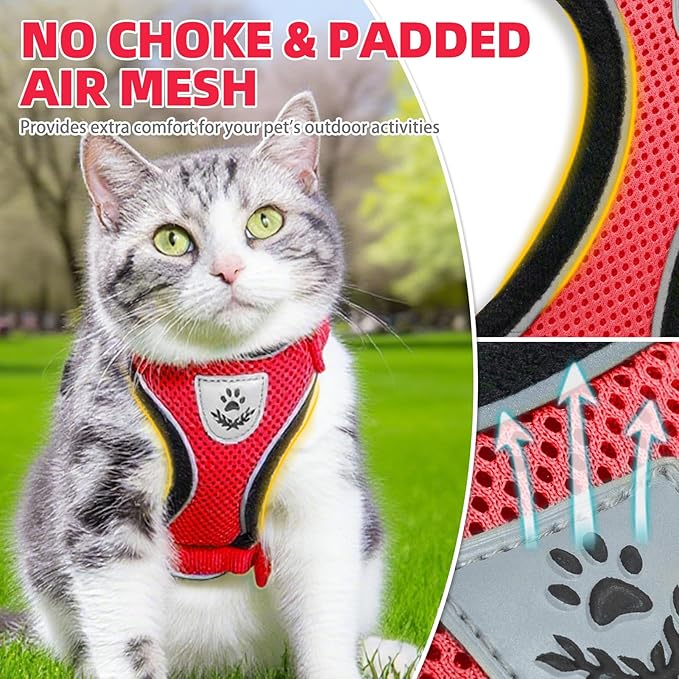 PUPTECK Cat Harness and Leash Set Escape Proof Reflective Cat Walking Harness Adjustable Soft Breathable Mesh Vest for Small Pets, Red, M
