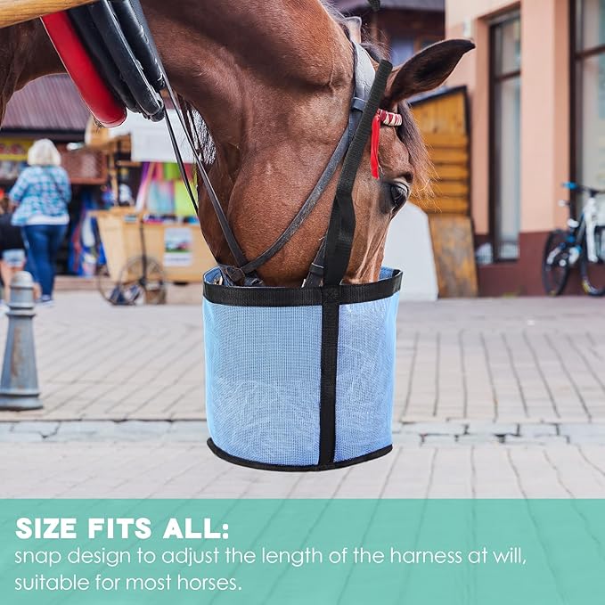 2 Pcs Horses Feed Horse Bag for Grain Hay Bags Heavy Duty Mesh Horse Feeder with Adjustable Strap Comfort Neck Pad Nose Pad and Waterproof Bottom Muzzle(Blue)