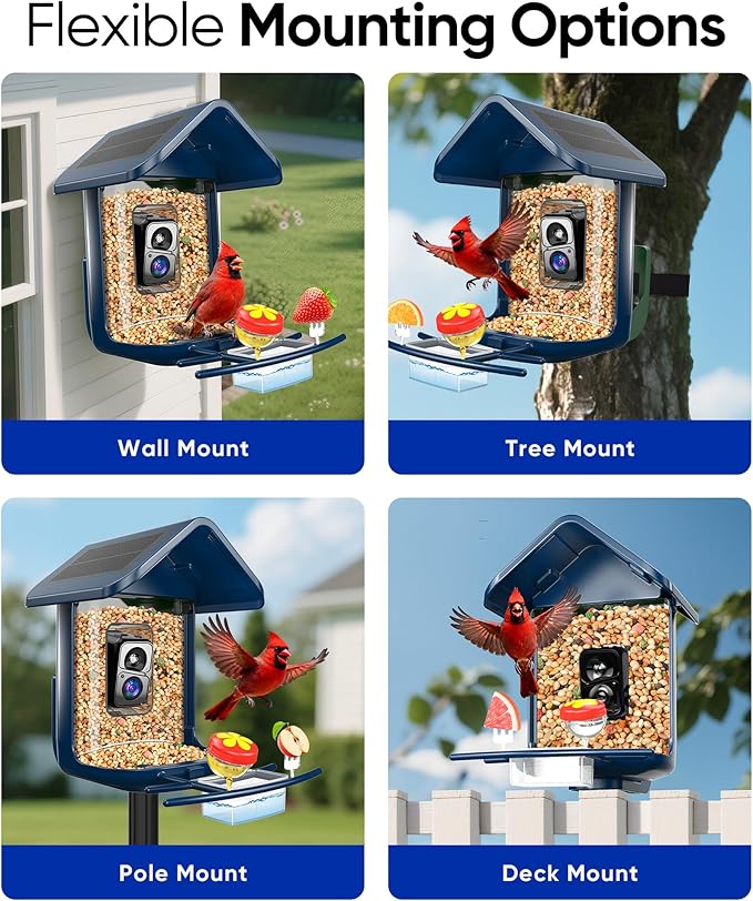 Bird Feeder with Camera Solar Powered - Smart Bird Feeder Camera 2K HD Live Stream, 5MP Photos, AI Identification for Backyard, 2.4Lb Large Capacity, Gifts for Mom Dad