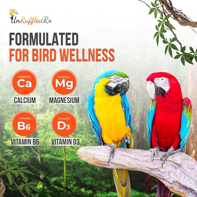 UnRuffledRx™ Bird Calcium Plus with Magnesium and D3, Dissolves Clear and Tasteless in Water, Supports Bone, Muscle, Feather and Egg Health, 45 Servings, Made in FDA-Registered USA Facility