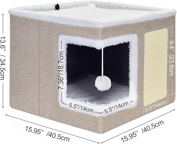 petizer Cat Bed for Indoor Cats, Large Covered Cat House with Scratch Pad, Foldable Cat Cave Bed & Hideaway Cube with Reversible Cushions, Cute Cat Condo for Multi Small Pet Kitten (Khaki)