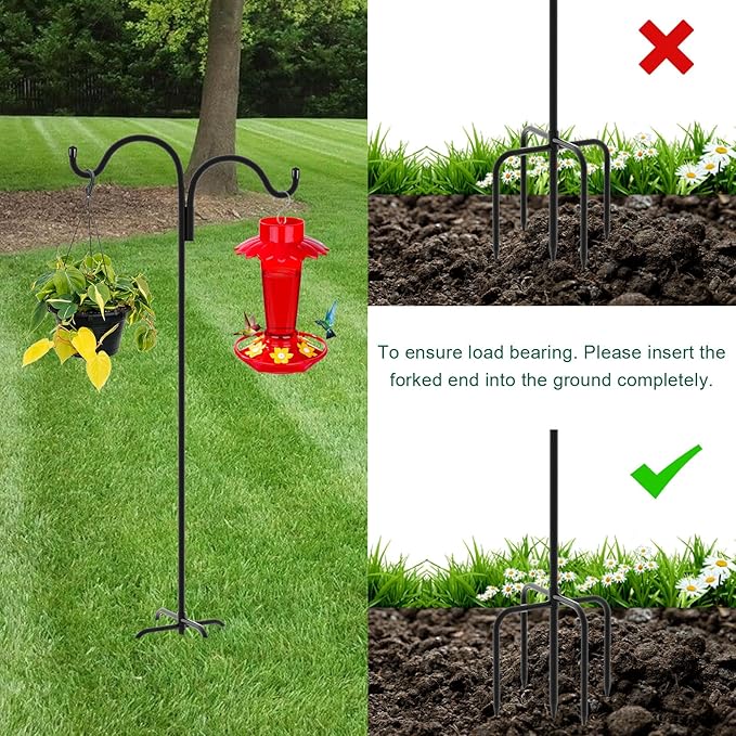 Gtongoko Double Shepherds Hook for Outdoor, 76 Inch Bird Feeder Pole with 5 Prongs Base, 5/8 Inch Thick Heavy Duty Adjustable Garden Hook for Hanging Plant, Lantern, Hummingbird Feeder, 1 Pack