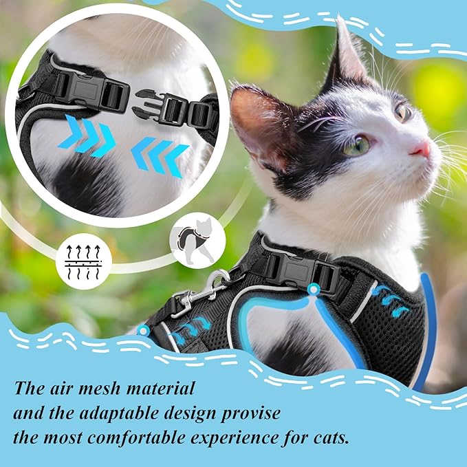Cat Harness and Leash for Walking, Cat Car Harness, Escape Proof Soft Adjustable Vest Harnesses for Cats, Easy Control Breathable Reflective Strips Harness, Kitten Harness and Leash Set, Black, S