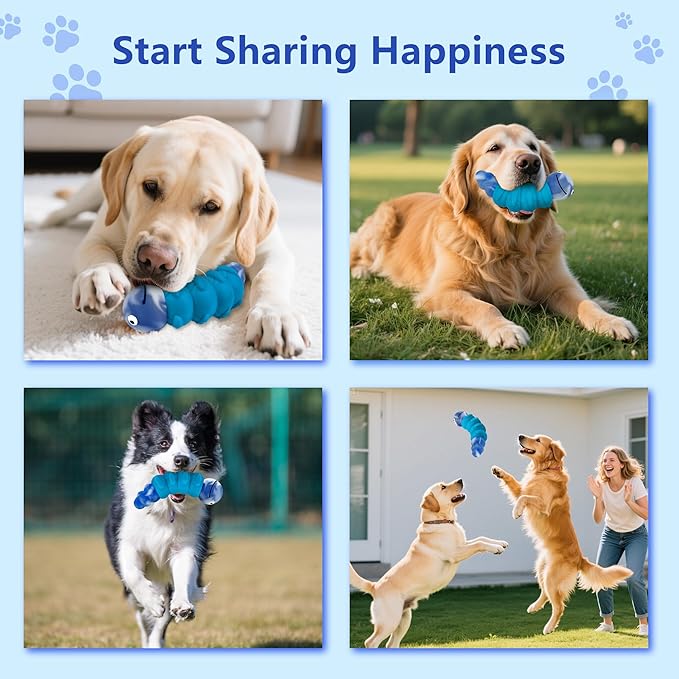 Caterpillar Dog Chew Toys for Aggressive Chewers, Tough Indestructible Squeaky Dog Toy with Beef Flavor Nylon Rubber for Large Medium Dogs to Keep Them Busy and Reduce Boredom (Blue)