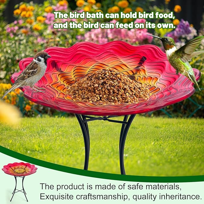 HONGLAND Bird Bath for Outside-Bird Baths for Outdoors-Glass Large Birdbaths Bowl with Metal Stand for Garden Patio Lawn Decor, 15" Dia/19 Height