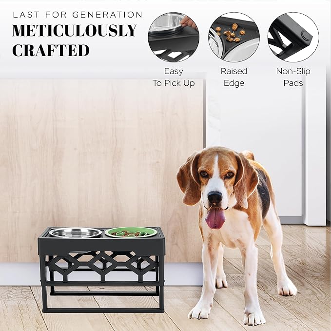 AVERYDAY Small Slow Feeder Dog Bowls Elevated, 4 Height Adjustable Raised Dog Bowl Stand with Stainless Steel Food and Water Bowl, Tall Dogs Feeding Station with Anti-Slip for Small Medium Breeds Dogs