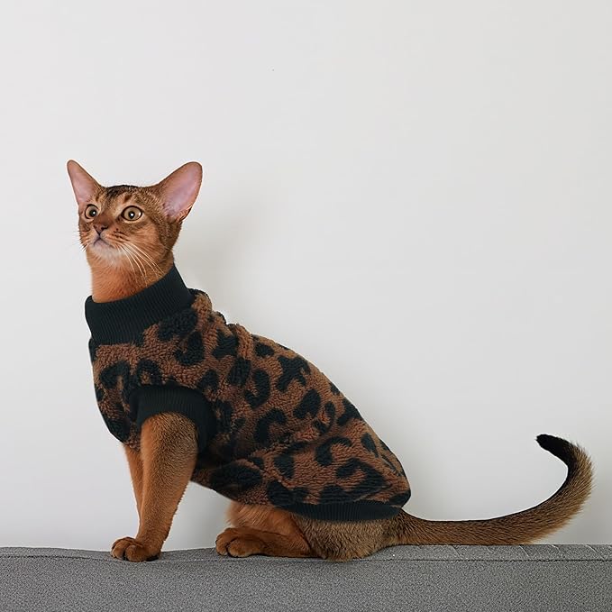 PUMYPOREITY Winter Warm Cat Sweater - Super Soft & Elastic Knit with Plush Fleece, Easy-On Design with Ribbed Neck & Cuffs, Stretchy Cat Outfit for Indoor/Outdoor Use,Brown, L