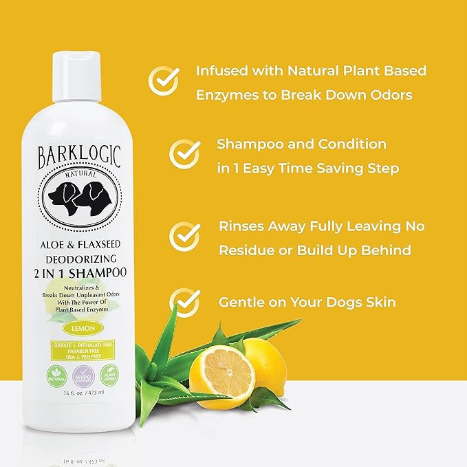 Deodorizing 2 in 1 Shampoo with Aloe and Flaxseed, 16 oz, Lemon - Eliminates Odors On Dogs and Puppies on Contact, Puppy Safe Shampoo and Conditioner in One Easy Step, Vegan