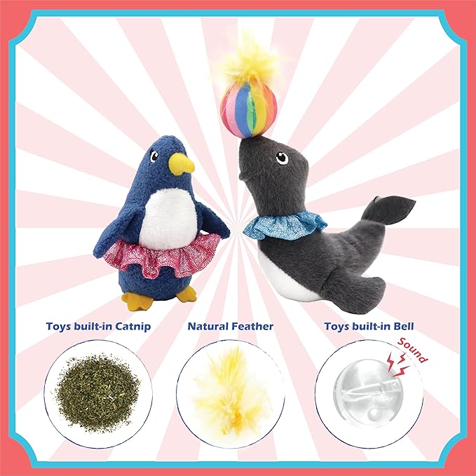 2 Pack Interactive Catnip and Feather Cat Toys, Circus Penguin and Seal Catnip Toys, Accessories for Indoor Cat, Catnip Plush Toys with Natural Feathers and Rattles