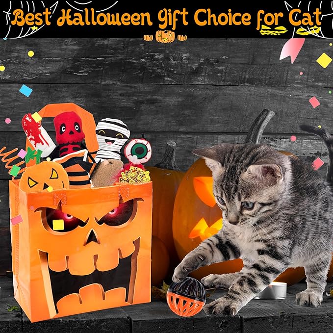 12pcs Halloween Cat Toys w/Bat Wings Costume & Organized Bag Set, Various Plush Cat Catnip Toys for Indoor Cats Kitten Teething Chewing Halloween Play