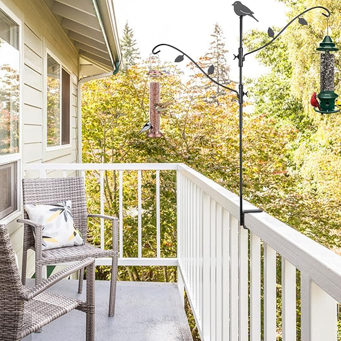 FEED GARDEN Deck Bird Feeder Pole, 42 Inches, Multiple Hooks, Adjustable, Detachable, Heavy Duty Steel, Stable, Black, BirdFeeders Porch for Deck Kit for Outside Bird Feeders and Plant Hangers