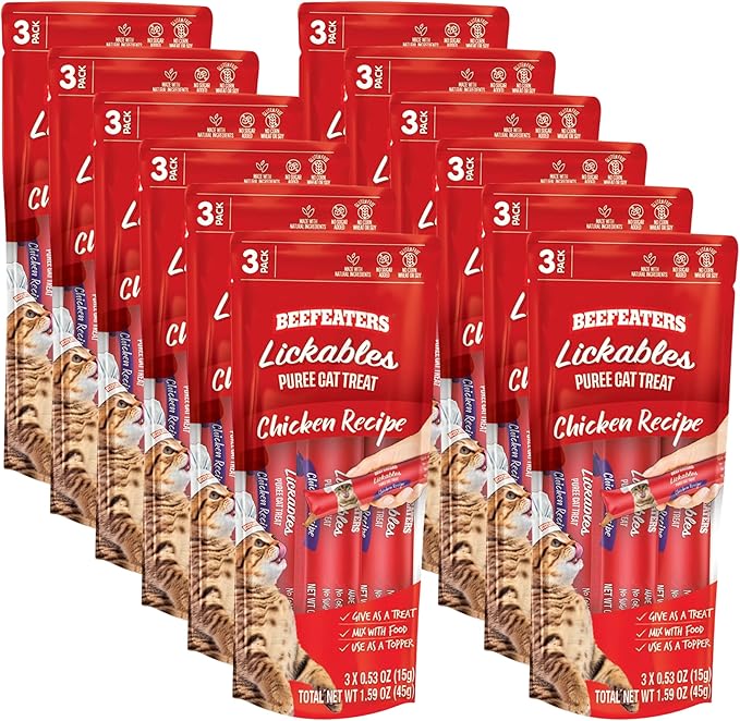 Beefeaters Cat Treats Lickable Puree 1.59oz (12-Pack) – Chicken, Grain-Free, Taurine-Enriched, Ideal for Training & Interactive Feeding