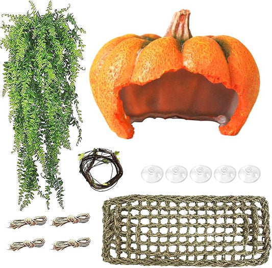 Leopard Gecko Tank Accessories,Pumpkin Resin Reptile Hideout Cave Bearded Dragon Hammock Hanging Jungle Vines Flexible Leaves for Lizard Gecko Chameleon Spider Snake Hermit Crab