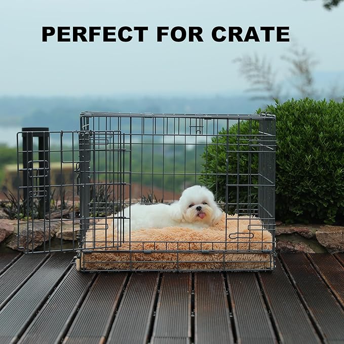 Bedfolks Waterproof Dog Crate Bed,Plush Dog Bed with Removable Washable Cover,Faux Fur Dog Crate Pad for Small Dogs and Cats,Fluffy Dog Kennel Bed 21"x13",Solid Camel