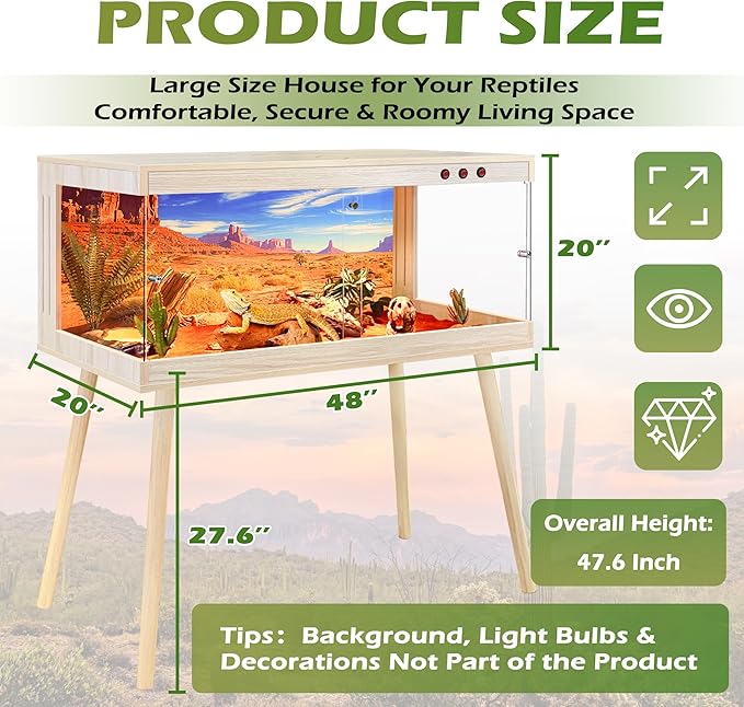 Royxen Tempered Glass Bearded Dragon Tank,81 Gallon Reptile Tank with Leg Stand,Built-in Lighting Reptile Enclosure Scartch-Proof Bearded Dragon Encloure for Chameleon,Snake,Lizard(Oak,48"x 20"x 20")