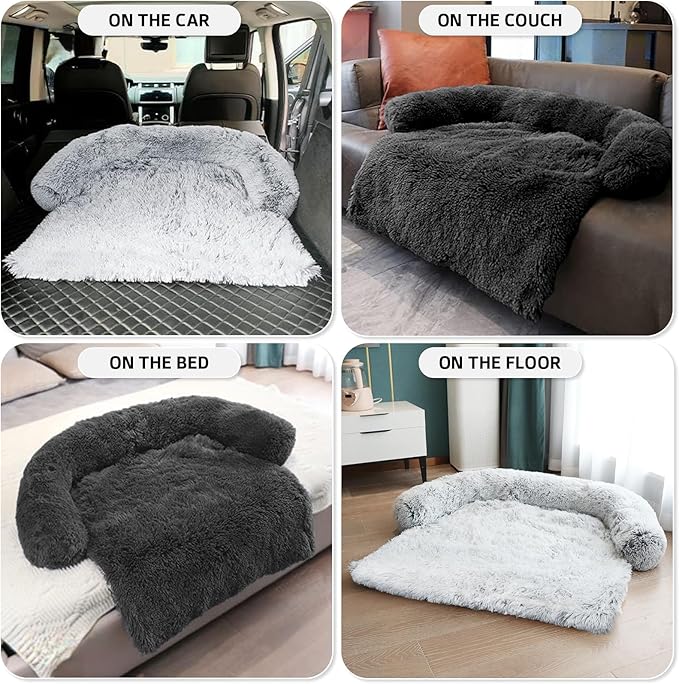 Calming Dog Bed Fluffy Plush Dog Mat for Furniture Protector with Removable Washable Cover for Large Medium Small Dogs and Cats (Medium, Light Grey)
