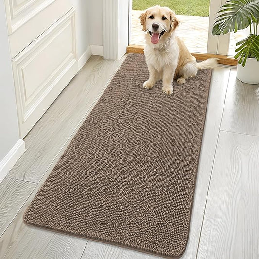OLANLY Dog Door Mat for Muddy Paws 70x32, Absorbs Moisture and Dirt, Absorbent Non-Slip Washable Doormat, Quick Dry Chenille Mud Mat for Dogs, Entry Indoor Entryway Carpet for Inside Floor, Tan
