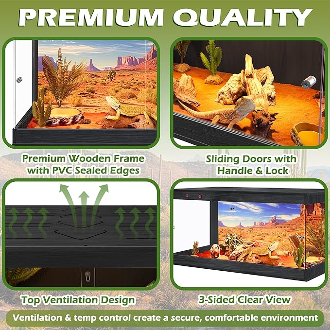 Royxen Tempered Glass Reptile Enclosure,Reptile Tank with Wooden Mesh Top and Lockable Design,32 Gallon Bearded Dragon Tank for Lizard Gecko Tortoise Snake Habitat,32" x 16" x 16",Black