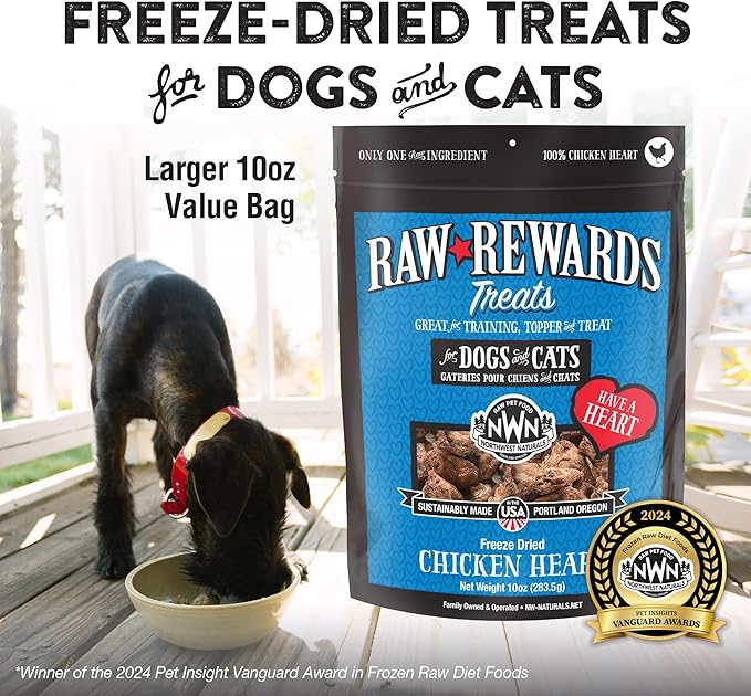 Northwest Naturals Raw Rewards Freeze-Dried Chicken Heart Treats for Dogs and Cats - Bite-Sized Pieces - Healthy, 1 Ingredient, Human Grade Pet Food, All Natural, Proudly Made in USA, 10 Oz