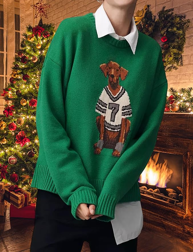 Dog Print Sweater for Women Cute Graphic Knit Pullover Tops Long Sleeve Crew Neck Trendy Fall Outfits 2025