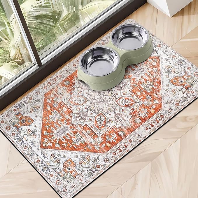 Dog Food Mats for Floors, Absorbent Quick Dry Pet Cat Food Mat, Dog Bowl Mats for Food and Water Dispenser Mat, Eco-Friendly Dog Accessories Pet Supplies 16""x24"", Vintage Orange