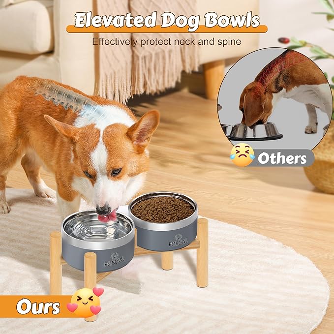 UPSKY Elevated Dog Bowls – 27oz Stainless Steel Anti-Spill Set with Wooden Stand, Double Raised Bowls for Small Dogs/Cats to Reduce Neck Strain & Improve Digestion