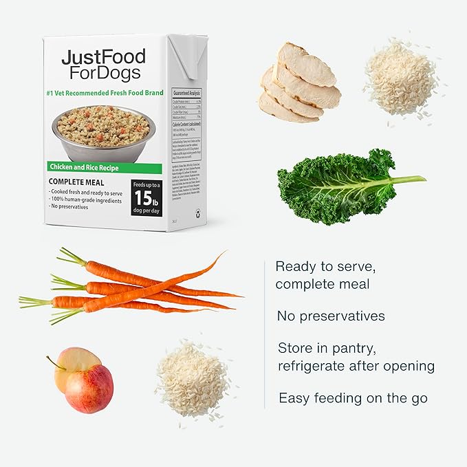 JustFoodForDogs Pantry Fresh Wet Dog Food, Complete Meal or Topper, Chicken & White Rice Human Grade Recipe - 12.5 oz (Pack of 6)