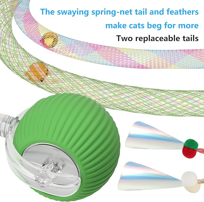 2Packs Interactive Cat Toys for Indoor Cats, Interactive Cat Ball Toy with Elastic Mesh Tail, Automatic Cat/Kitten Toys with Chirping & Motion Activate, Cat Toys for Bored Indoor (Yellow+Green)