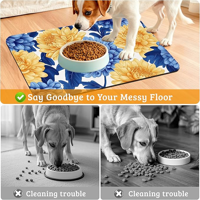 Blue Yellow Flowers Dog Food Mat, Absorbent Pet Feeding Mat for Food and Water Bowl,Quick Dry Dog Placemat Non Slip Rubber Backing Waterproof Pet Supplies 12" x 20"