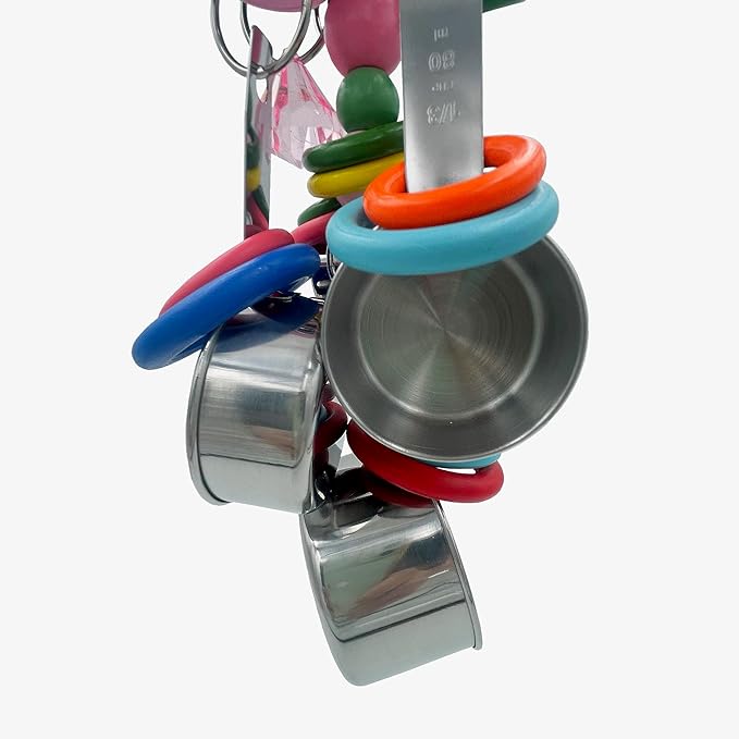 Metallic Pots and Multicolored Ring Strings Toys, Pullable 5 Stainless Steel Cups and Wooden Ring Toys for Large and Extra Large Parrot Amazons Macaws African Greys Cockatoos Eclectus