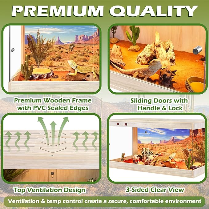 Royxen Tempered Glass Reptile Enclosure,Reptile Tank with Wooden Mesh Top and Lockable Design,32 Gallon Bearded Dragon Tank for Lizard Gecko Tortoise Snake Habitat,32" x 16" x 16",Oak