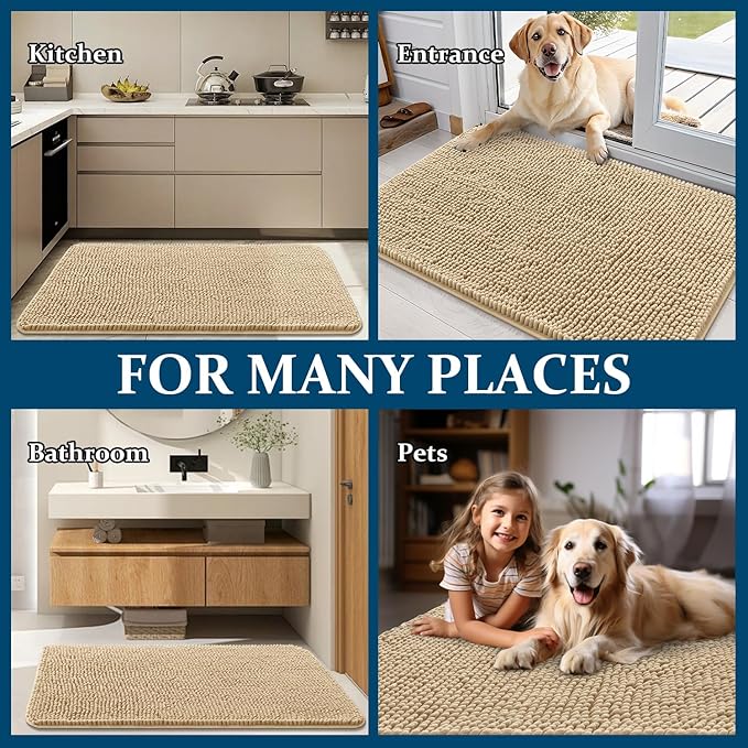 OLANLY Dog Door Mat Set 2-Piece 36x24, Absorbs Moisture and Dirt, Absorbent Non-Slip Washable Doormat, Quick Dry Chenille Mud Mat for Dogs, Entry Indoor Entryway Carpet for Inside Floor, Beige