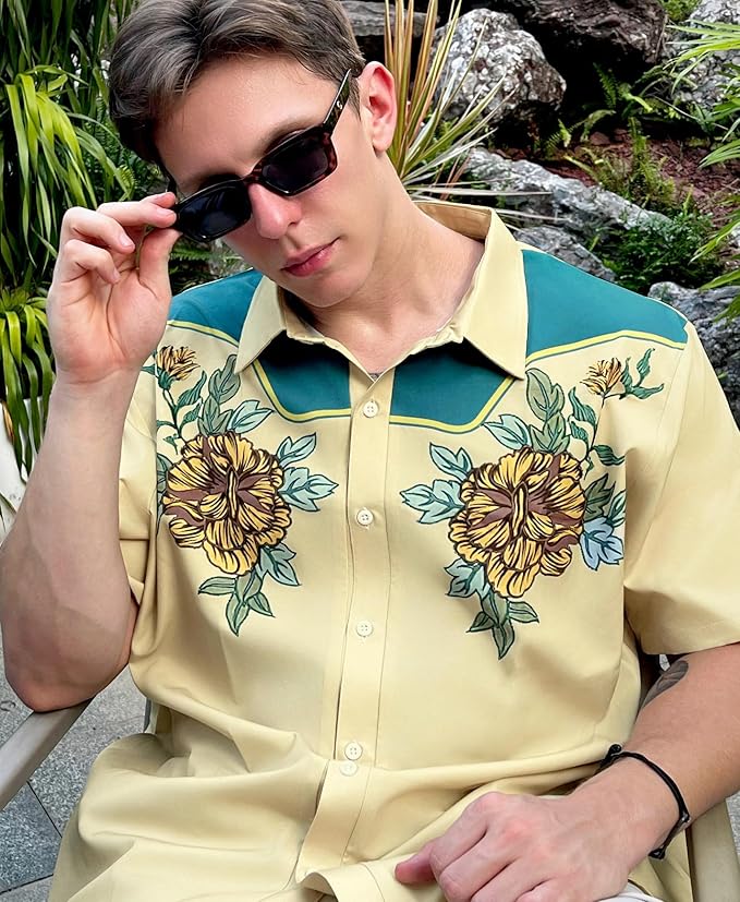 Men’s Hawaiian Shirt Western Cowboy Symmetrical Print Short Sleeve Button Down Casual Beach Holiday Summer Shirt